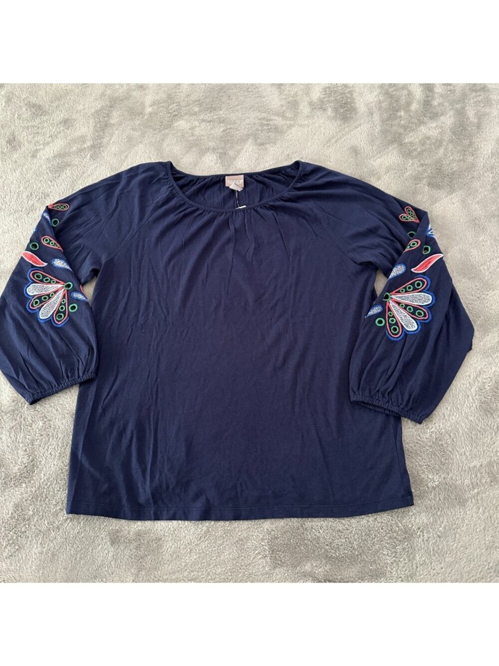 NWT Chico's Navy Blue Embroidered Sleeve Shirt Blouse 2 LARGE 12/14 Cotton Modal
